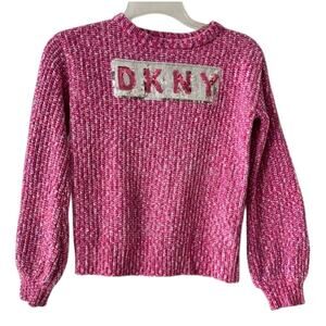 DKNY Girls Pink Chenille Sequin Logo Sweater – Size L